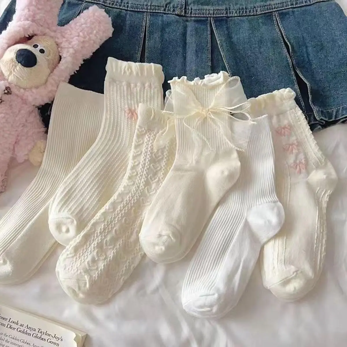 Tất Trắng Cho Nữ, Phong Cách Mùa Hè, Phong Cách Nhật Bản Dễ Thương, Ren Mary Jane Với Giày Da Nhỏ Dài Giữa Bắp Chân, Tất Thấm Hút