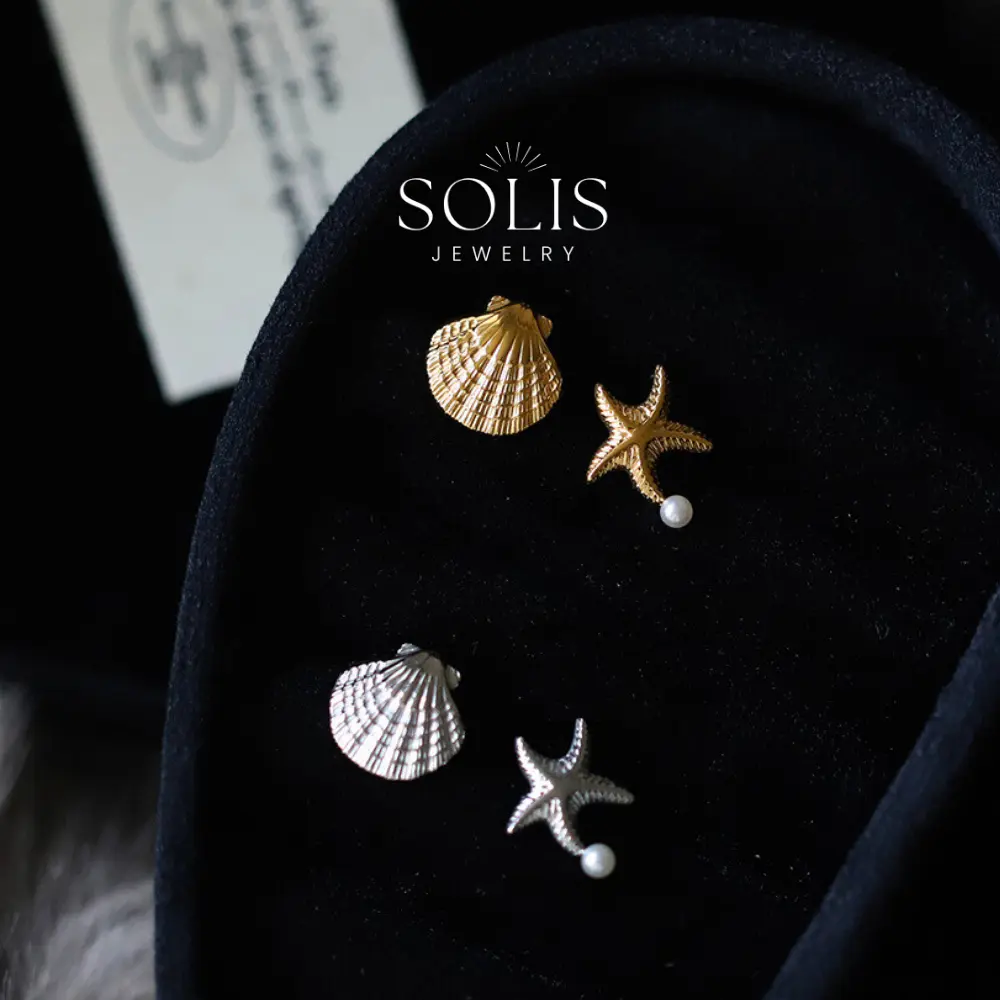 Starfish Sea Shell Gold Silver Stud Earrings • 316L Stainless Titanium Steel  Fashion Jewelry For Women Solis Jewelry