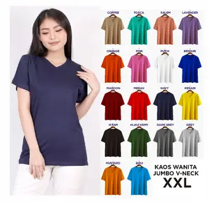 PROMO Kaos wanita Polos Vneck JUMBO fit to XXL Atasan wanita kaos big size Bahan Spandek Pe Katun Santai Crew Neck V-Neck Slim-fitting Polos Bunga Setrip Hitam Kerah Melar Nyaman Panjang Nyaman Panjang Putih Baju Pendek