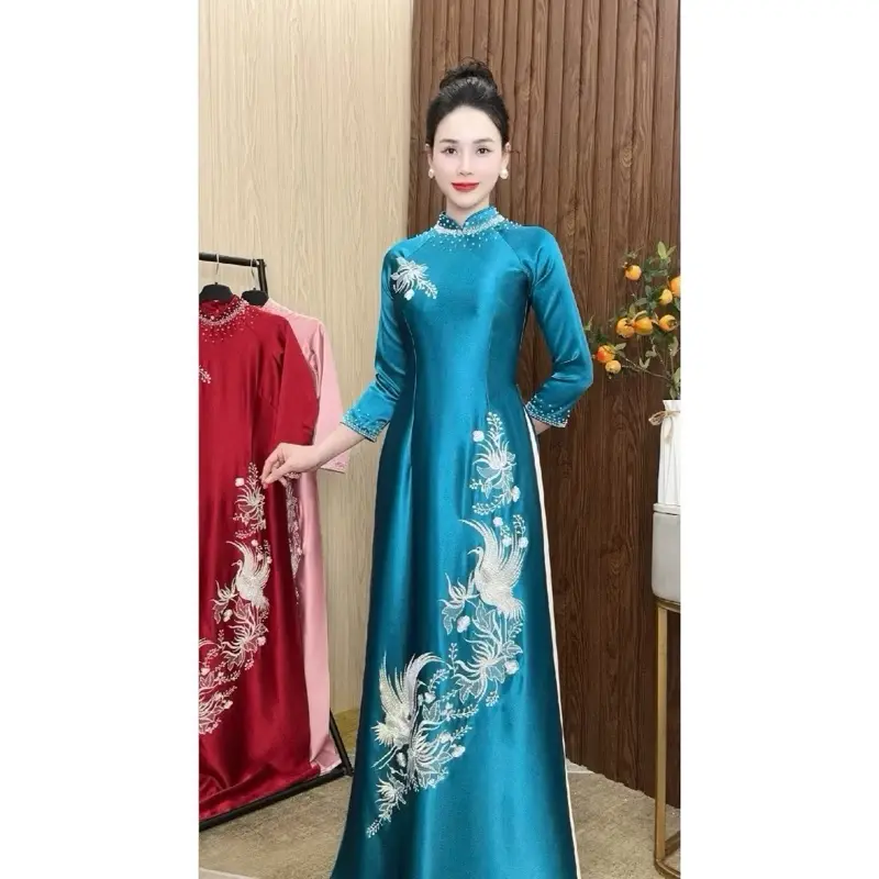 Áo dài mẹ sui, đinh kết đá cao cấp với chất liệu lụa bảo ngọc siêu sang siêu đẹp cho mẹ(  Không ép đá)