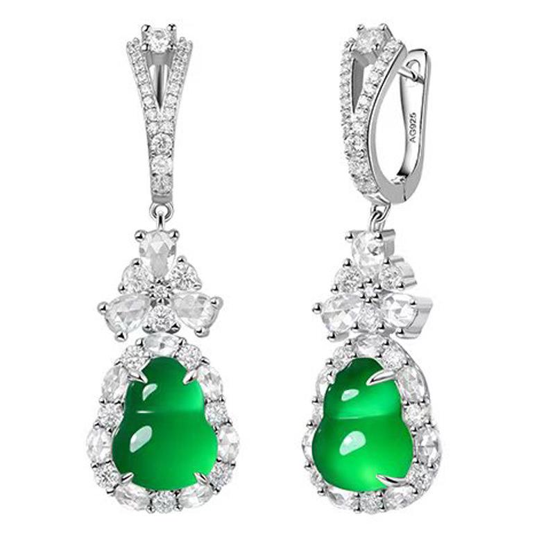 S925 Silver Inlaid Diamond Green Chalcedony Gourd Ear Hook High-Grade Women's Earrings JU8527 7