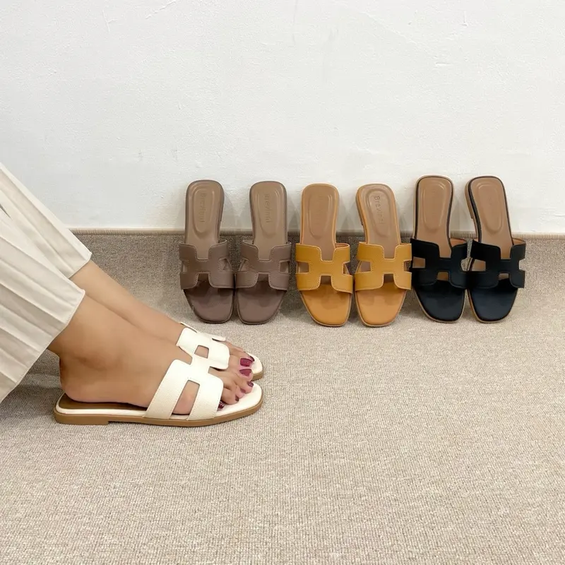 Brevinni Elbe Sandal Flat Kulit Jeruk Selop Wanita Premium Kekinian Aesthetic Terbaru Hitam Size 35-41 Tinggi Sol 1cm 1