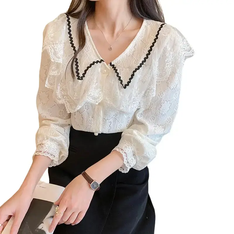 yikoo-Kemeja korea blouse renda temperamen shirt atasan wanita Katun Panjang