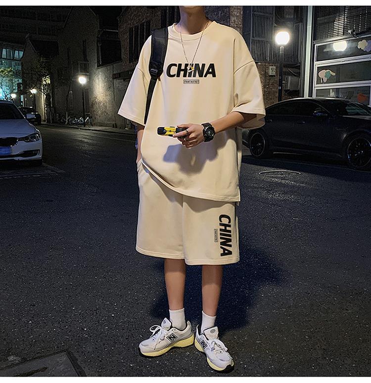 Product Introduction of Summer New Trendy Hong Kong Style Simple Letter Printing Leisure Sports Suit Green Student Short Sleeve Shorts Two Pieces Suit Menswear Overalls Lingerie Formal 16
