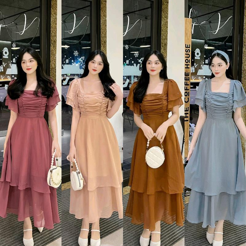 Đầm cổ vuông xếp ly ngực chân váy hai tầng kèm tuban xinh xắn mã mb25
