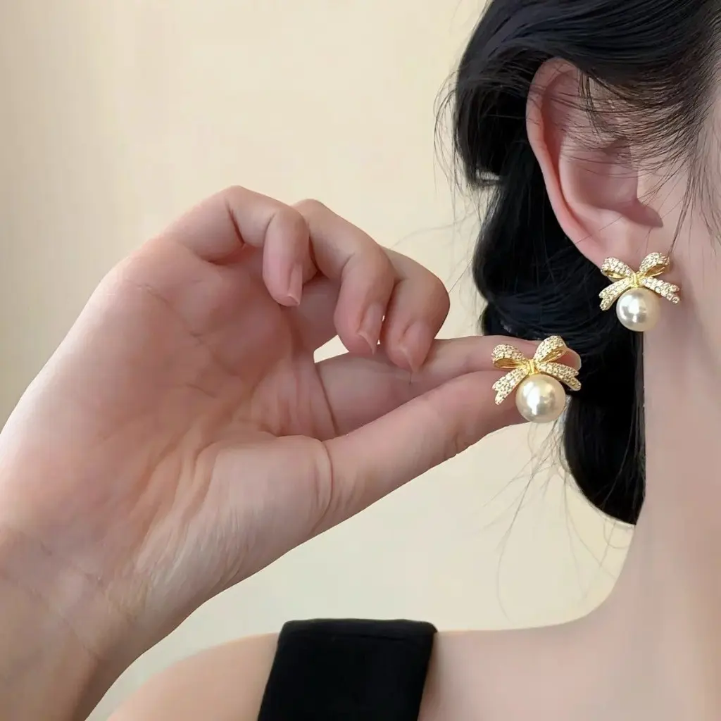 Cheerfulgirl55 - Anting Tusuk Ribbon Pearl Cantik Anting Fashion Korean Style