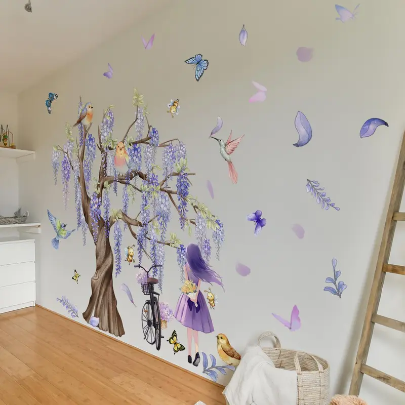 Cartoon Girl & Bird & Wisteria Tree Pattern Pattern Wall Sticker, 4counts/set Cute Decorative Stickers, DIY Wall Decor for Home Living Room Bedroom Kindergarten 4