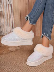 Women's Fashionable Sequined Design Plush-lined Snow Boots, Autumn and Winter Casual Warm Ankle Boots, Women's Everyday Versatile Round-toe Shoes, Slip-on Shoes