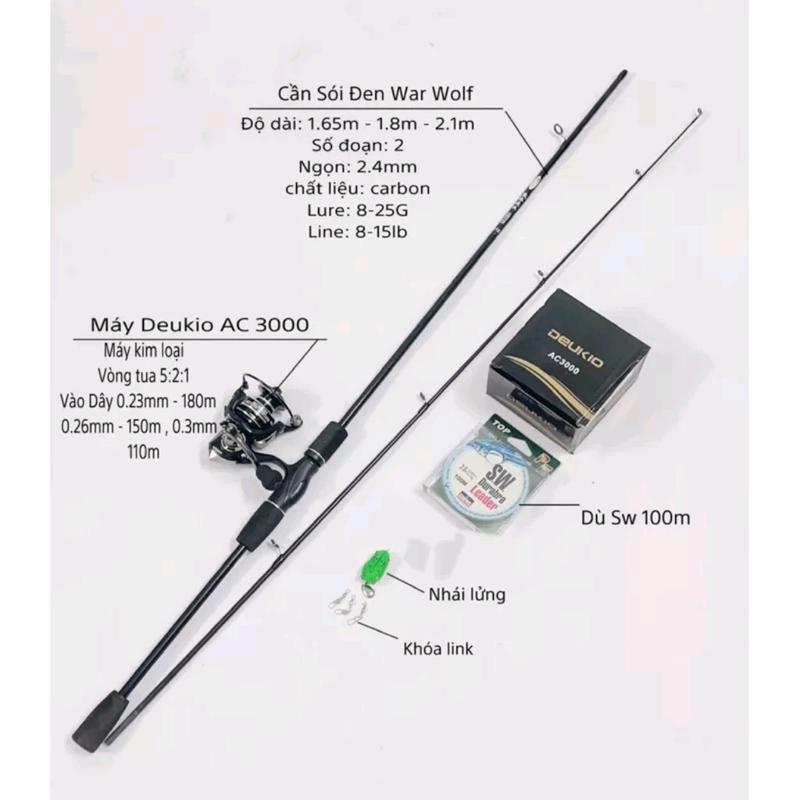 Combo Bộ Cần Câu SÓI ĐEN - kèm máy AC 2000 Và Cước - Nhái Râu - DÙ -Khoá link Fishing