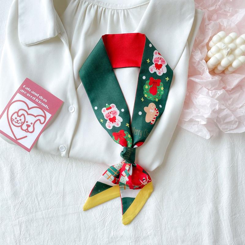 Product Introduction of JASMIN NOIR Silk Red Christmas New Year Print Strip Scarf Women's Hairband Tie Bag Accessories Ribbon Decoration for Bag Christmas  Gift 19