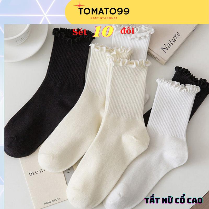 Tất cổ cao sét 10 đôi, Tất  trắng 3 màu cổ nhún lolita T126 Cotton Denim Nữ Women tất  ống