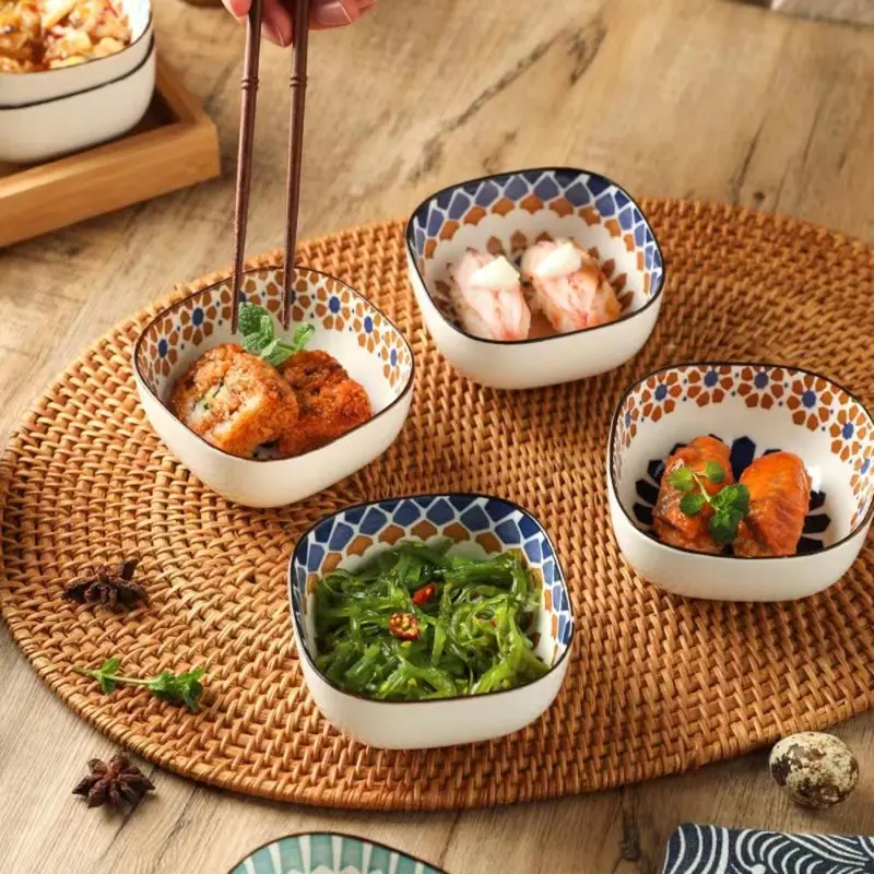 Ceramic Dipping Bowl Set, 3/6 Counts Creative Boho Style Sauce Bowl with Wooden Tray, Kitchen Tableware for Home Dining Room Picnic 3