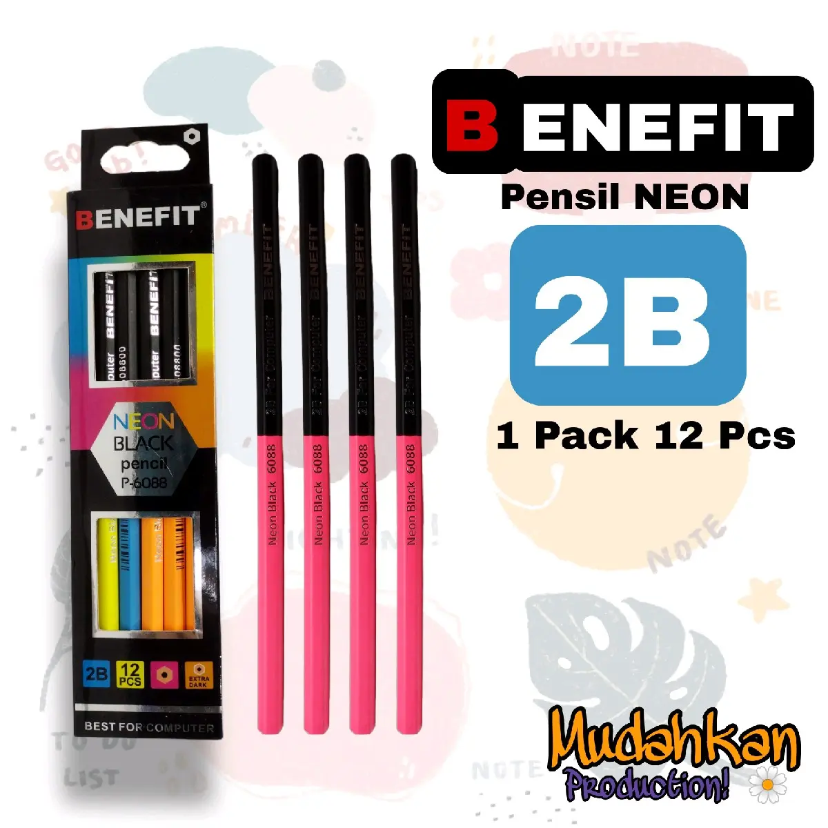 Pensil 2B BENEFIT NEON [ 1 Box isi 6 ] [ 1 Box isi 12 ] Pensil 2B / Pensil