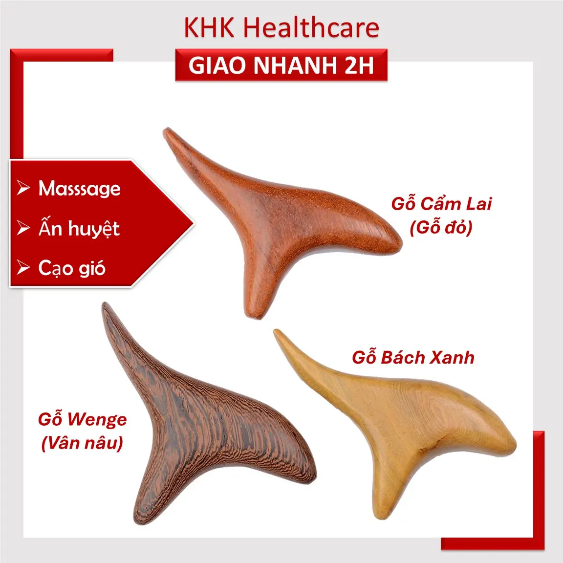 Dụng cụ bấm huyệt, cây ấn huyệt cạo gió massage tam giác bằng gỗ