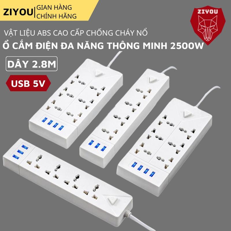 Ổ Cắm Điện Đa Năng Thông Minh Ziyou Chịu Tải 2500W, Có Cổng USB 5V Sạc Nhanh, Vật Liệu Nhựa ABS Chống Cháy Nổ Dây 2,5M