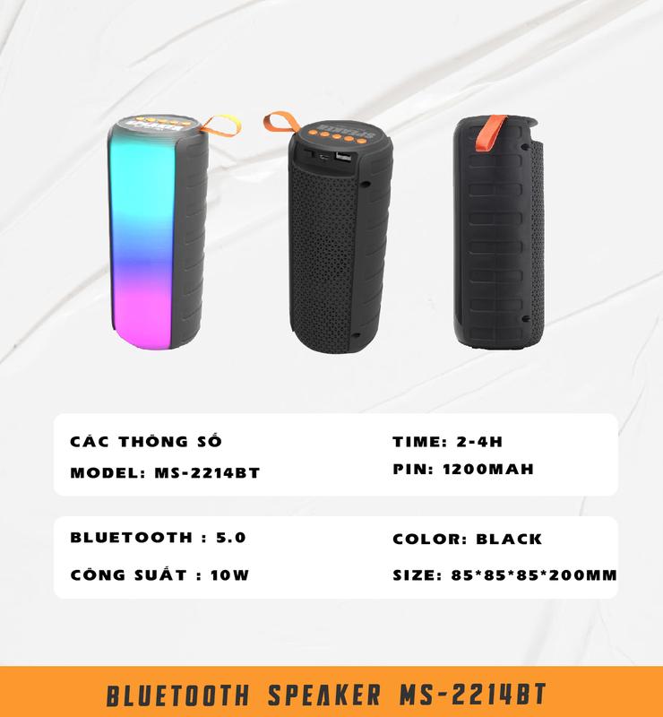 Loa Bluetooth MS-2214BT Dòng loa chuyên nghe nhạc, tối giản trong thiết kế hình trụ tích hợp đèn LED tinh tế, công suất tốt, dung lượng PIN lớn 6