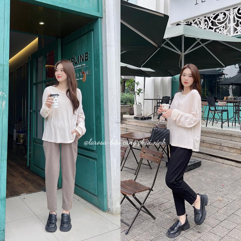 Quần Bầu Dạ Nhung Tăm Larosa Có Lót Nỉ Chân Có 2 Khuy Ấm Áp Đứng Dáng Dành Cho Mẹ Bầu Mặc Mùa Đông Không Lạnh LA103Q Váy Bầu Đầm Bầu