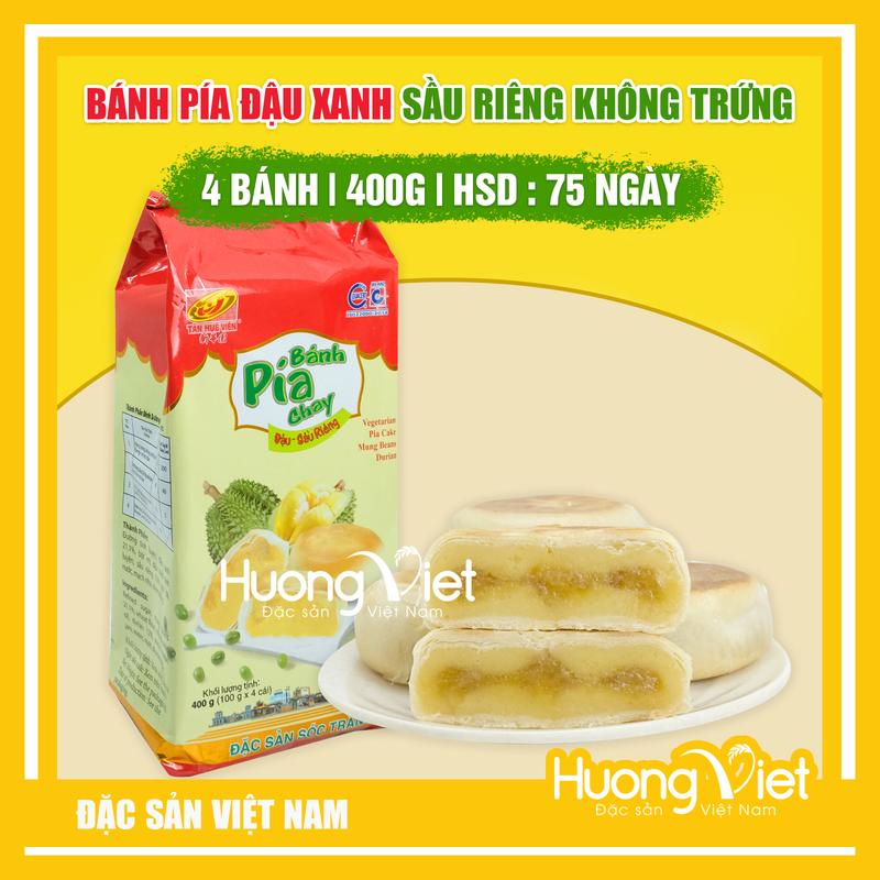 Bánh pía chay đậu xanh sầu riêng Tân Huê Viên 400gr, gói 4 bánh, đặc sản Sóc Trăng