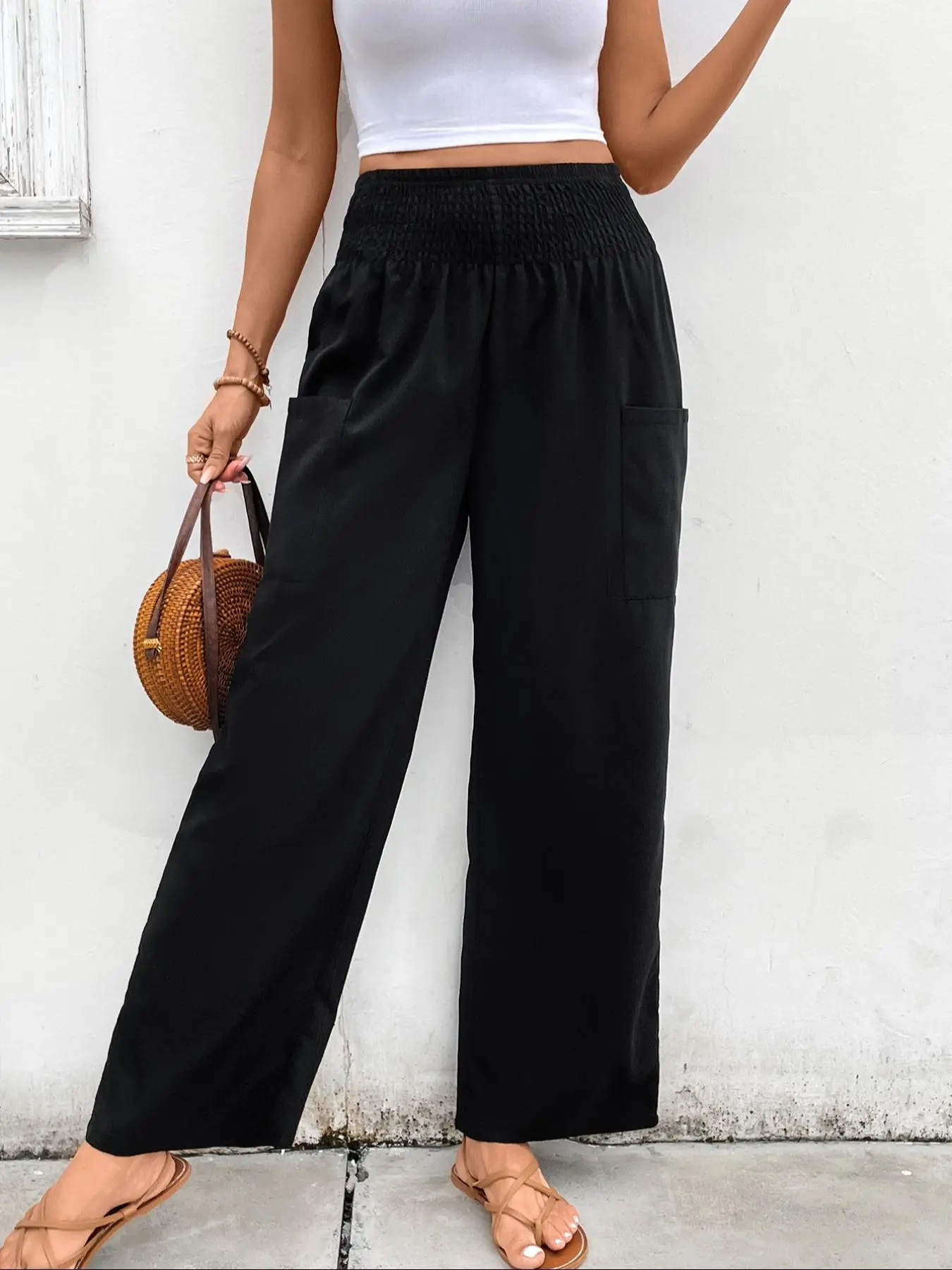 Women's Solid Pocket Wide Leg Pants, Casual Comfy Trousers for Daily Wear, Ladies Bottoms for Fall & Winter