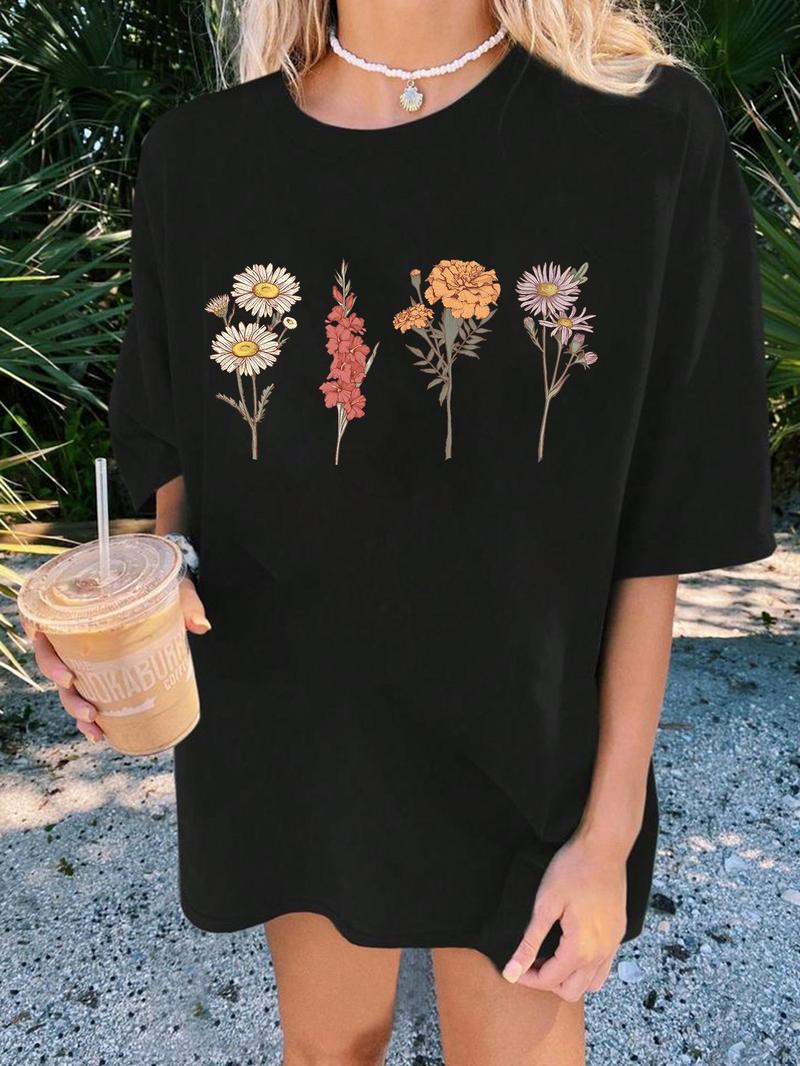 Product Introduction of Women's Floral Print Drop Shoulder Tee, Casual Half Sleeve Round Neck T-Shirt for Summer, Ladies Clothes for Daily Wear 12