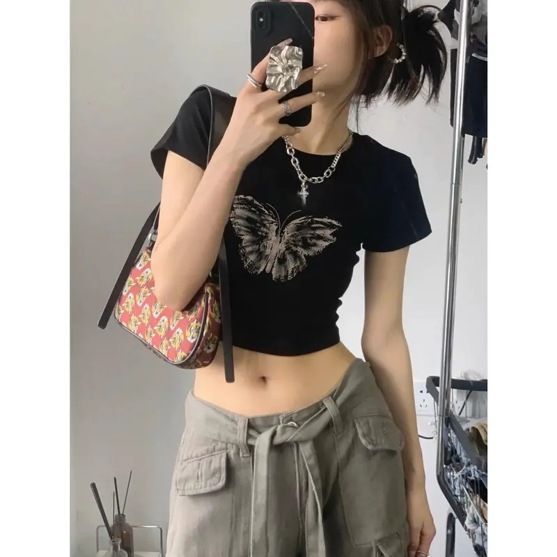 Áo Crop-Top, Áo Phông ngắn Tay Áo, Hàng Mới Về Mùa Hè Của Phụ Nữ, Thiết Kế Bướm Dễ Thương Và Gợi Cảm, Tay Lửng Áo, Áo Lớp Cơ Sở, Mỏng Vừa Vặn, Áo Bó Sát, Bán Chạy, Phong Cách Ins, Năm 2025 1