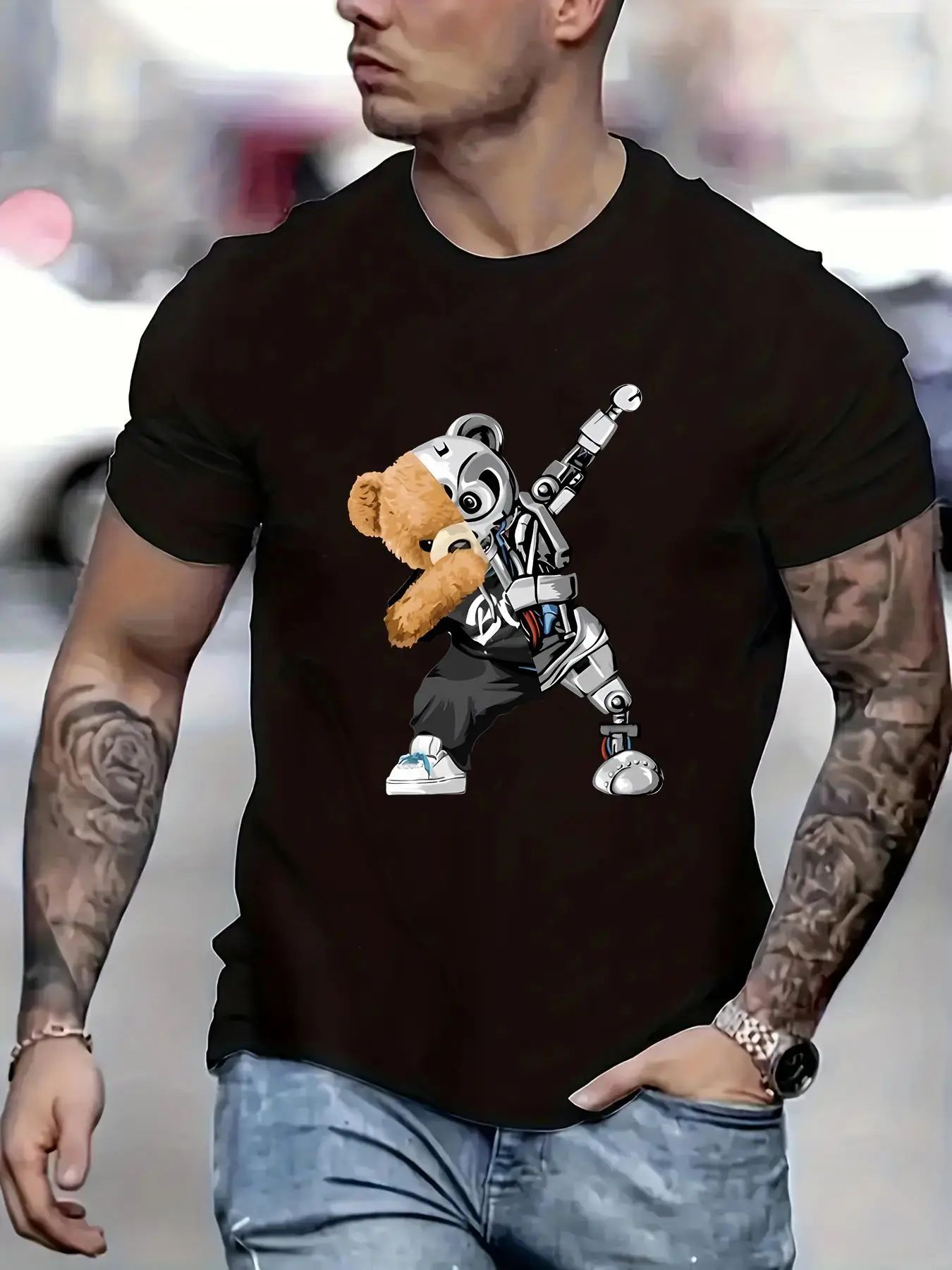 Men's Cartoon Bear Print Round Neck Tee, Regular Fit Casual Short Sleeve T-shirt, Summer Outfits 2024, Men's Streetwear Clothing Top, Going Out Outfits