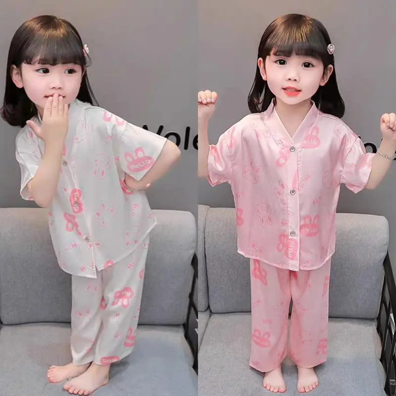 ME BING - [10-25kg] Bộ đồ ngủ lụa sao băng mịn cho bé gái, tay ngắn với những hoạ tiếc xiu đáng yêu, chất mềm mịn mát thích hợp cho mùa hè, bé mặt nhà đi dạo phố. 0