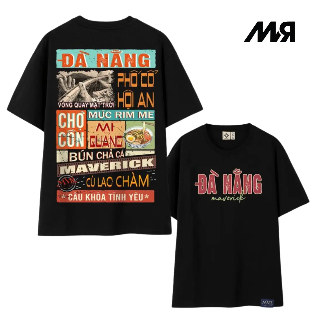 Áo thun unisex MVR hơn 63 tỉnh thành - ĐÀ NẴNG - Đen/ Trắng Menswear Nam Cổ Tròn Cotton