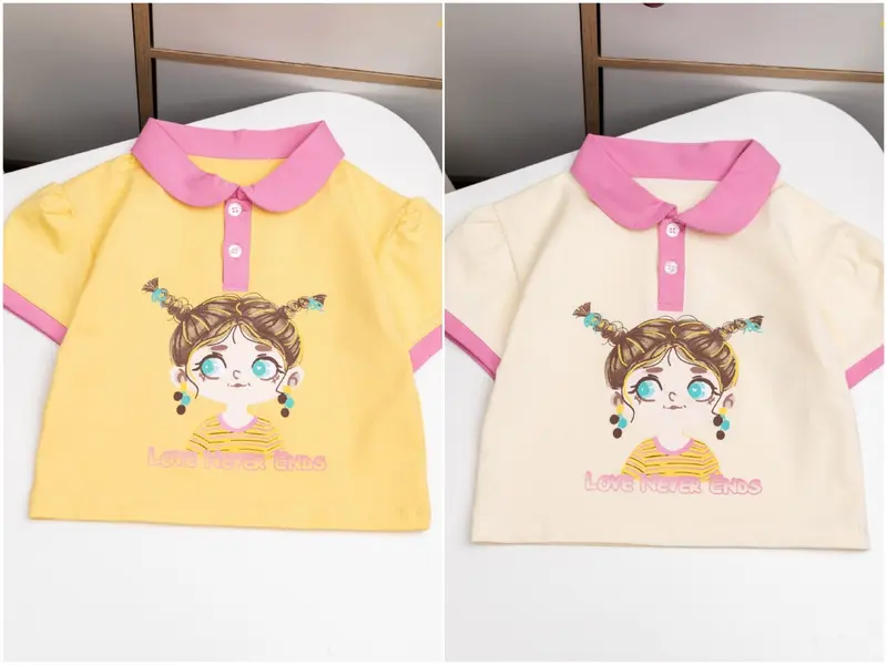 [10-52kg] Áo thun cotton bé gái cổ trụ in hình dễ thương 0