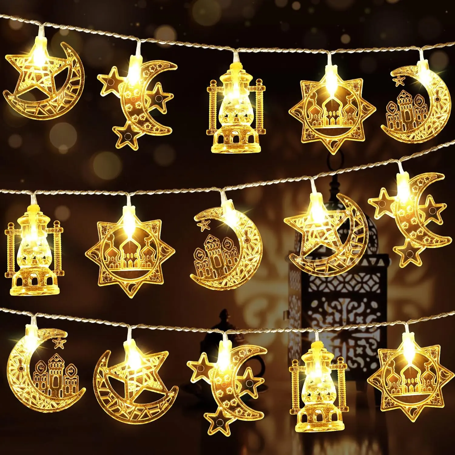 Ramadan String Light, 2 Counts/set USB Powered Moon & Star String Light, Decorative Light for Home Party & Garden & Festival