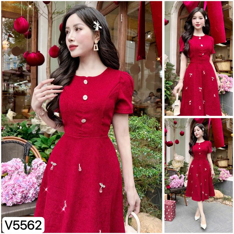 V5562 SẴN/GIAO NGAY VÁY ĐẦM ĐỎ ĐI TIỆC, VÁY NỮ XINH DÁNG MIDI ĐÍNH HẠT DRESS/WOMEN Nhung Voi 3