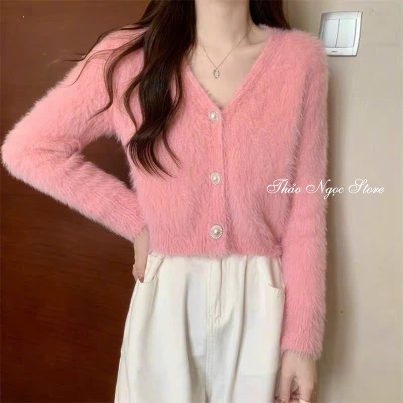 Áo len lông thỏ nữ croptop tay dài cổ tim nút ngọc áo khoác len lông cổ V 3 nút form lửng ! Thảo Ngọc Store