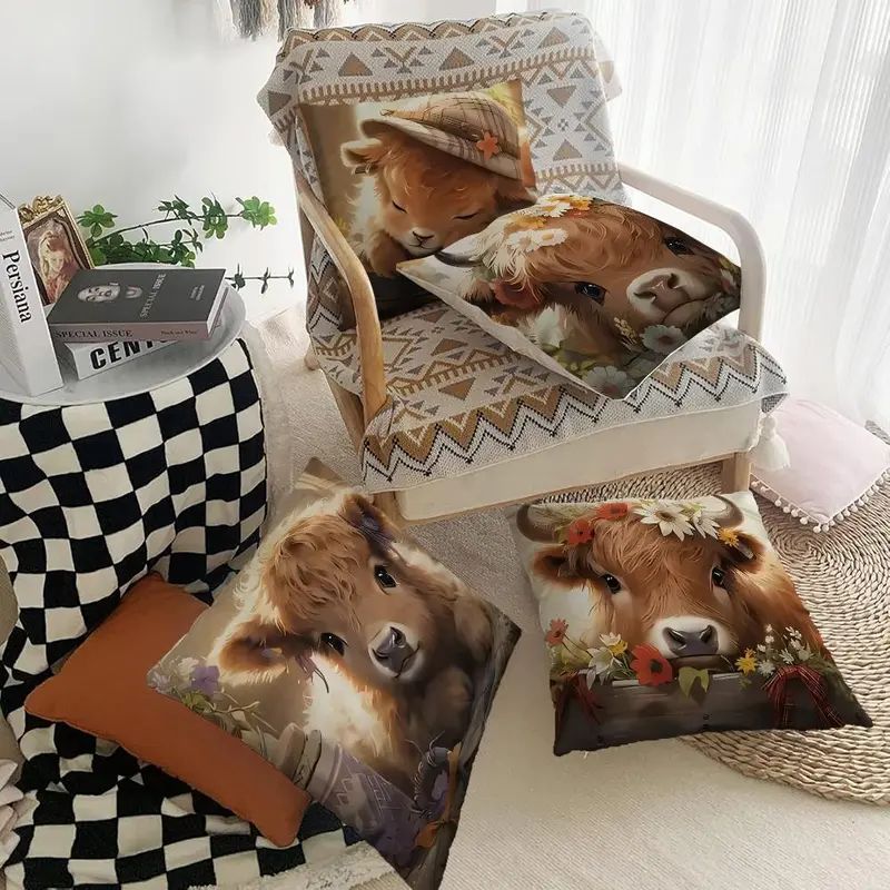 Highland Cow Pattern Cushion Cover, 4 Counts/set Square Throw Pillow Cover, Household Decoration Supplies for Home Living Room Bedroom 6