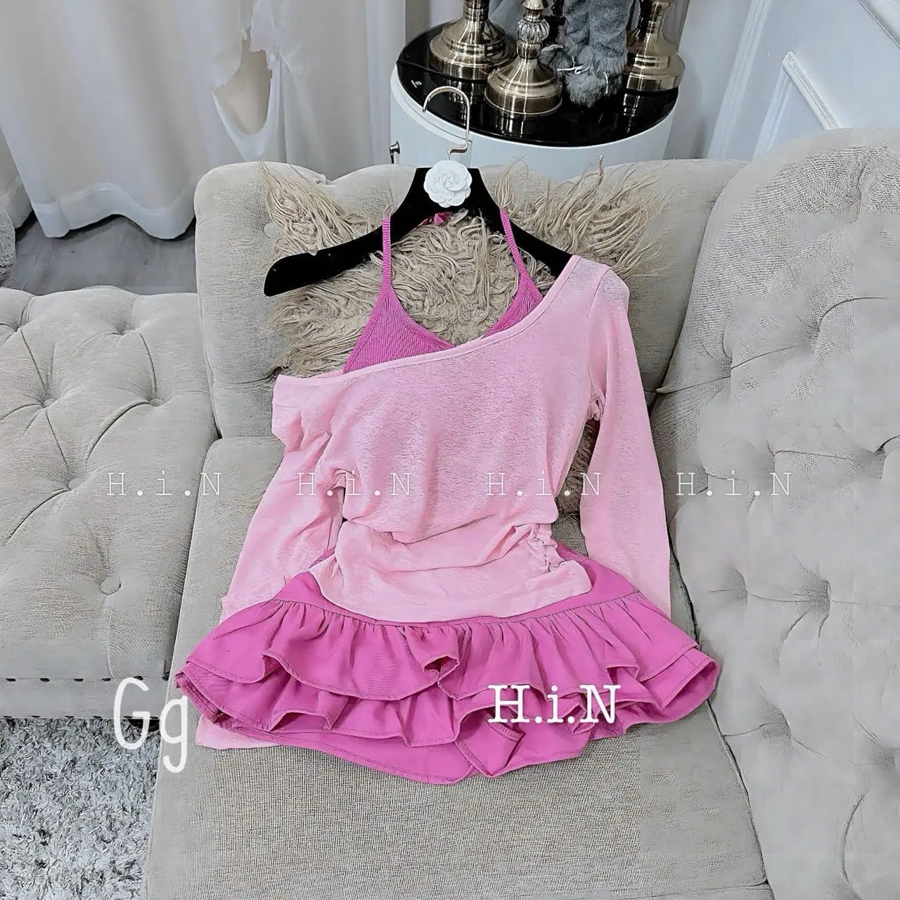 Set 3 món áo yếm áo giấy mặc ngoài kèm váy nút xoè 2 tầng đuôi cá sét bộ