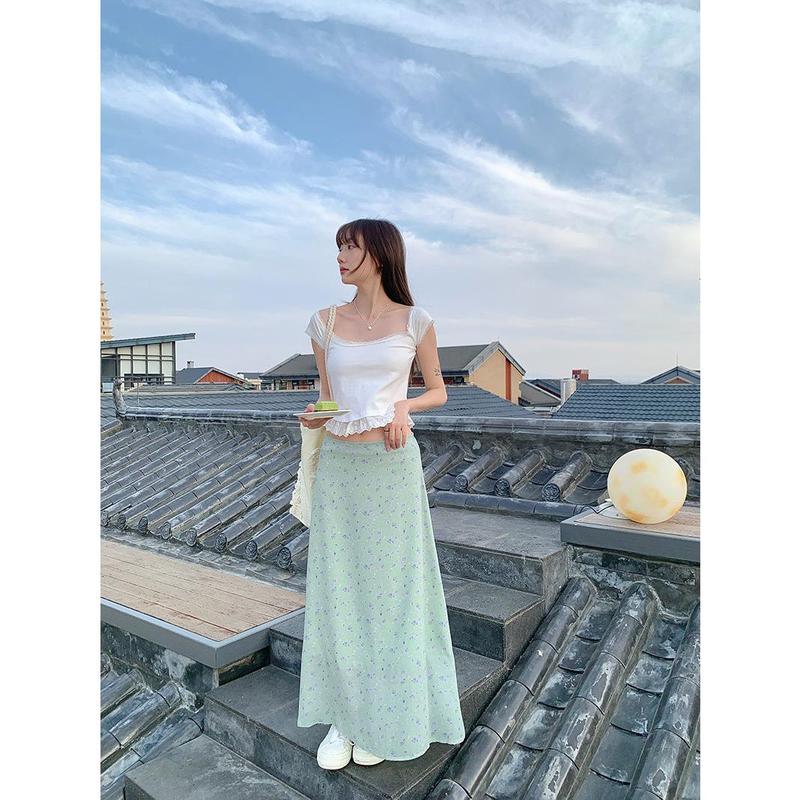 Chân Váy Hoa Dài Trung Bình Cạp Cao Dành Cho Nữ, Dễ Phối Đồ, Chân Váy Voan Lót, Có Cỡ S-2XL Women Khuy 4