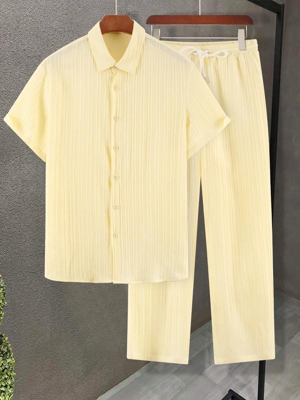 Men's 2pcs Button Front Shirt & Drawstring Pocket Pants Set without Tee & Necklace, Casual Short Sleeve Collar Shirt & Elastic Waist Trousers, National Day Clothing, Men's Two-piece Outfits for Summer 1