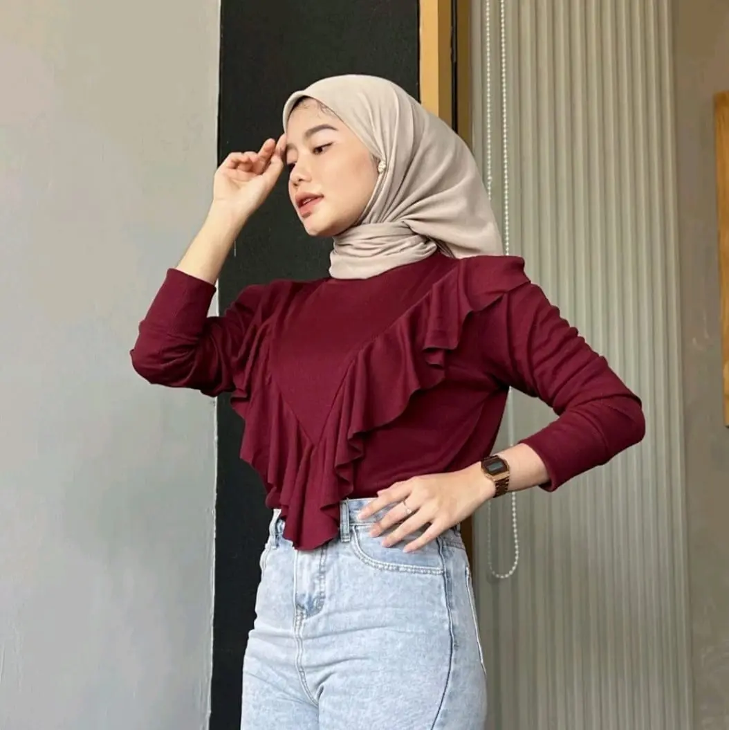 Ladies sweater ruffle knit blouse wanita korea Atasan Knitwear
