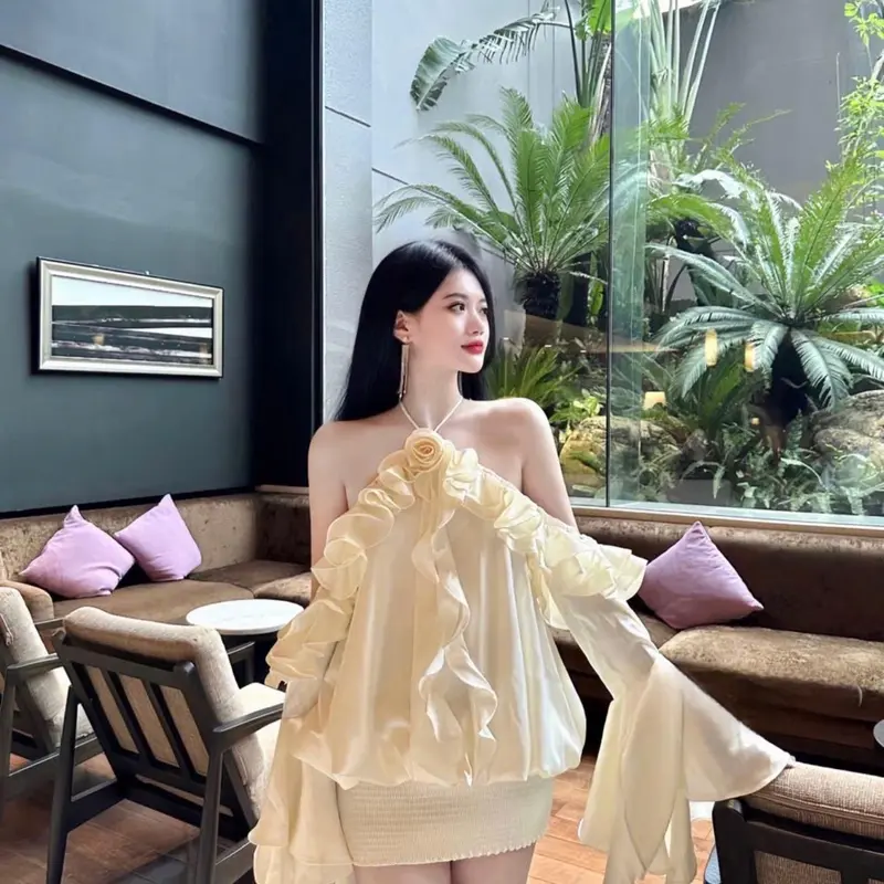 Váy nữ sang chảnh - Váy lụa rớt vai bèo hoa cổ tay loe (TL-1393) Women Dress 0