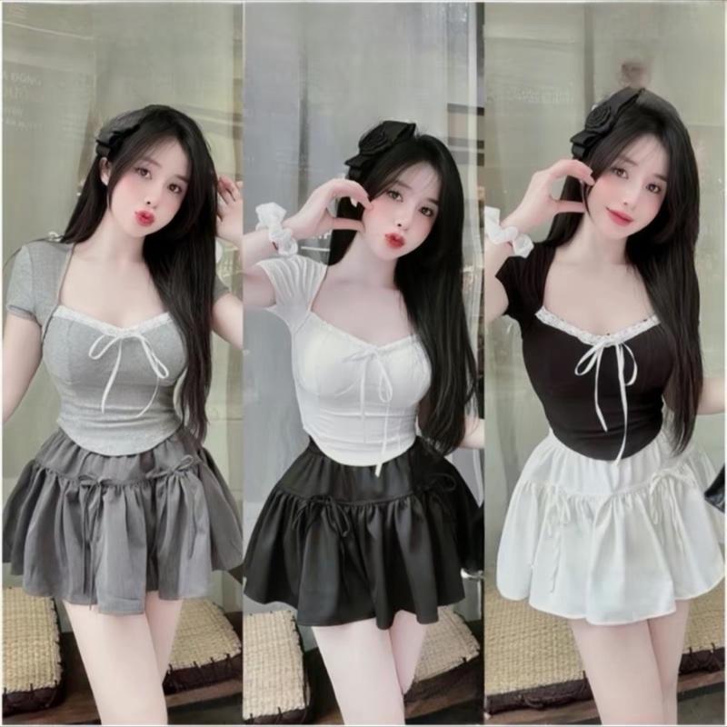  Sét Áo Thun Tăm Basic Phối ren Mix chân váy bí có quần lót. Sét đồ nữ Bigsize đẹp   Bigsize :50-90 kg   không có mút.  Nữ Women 