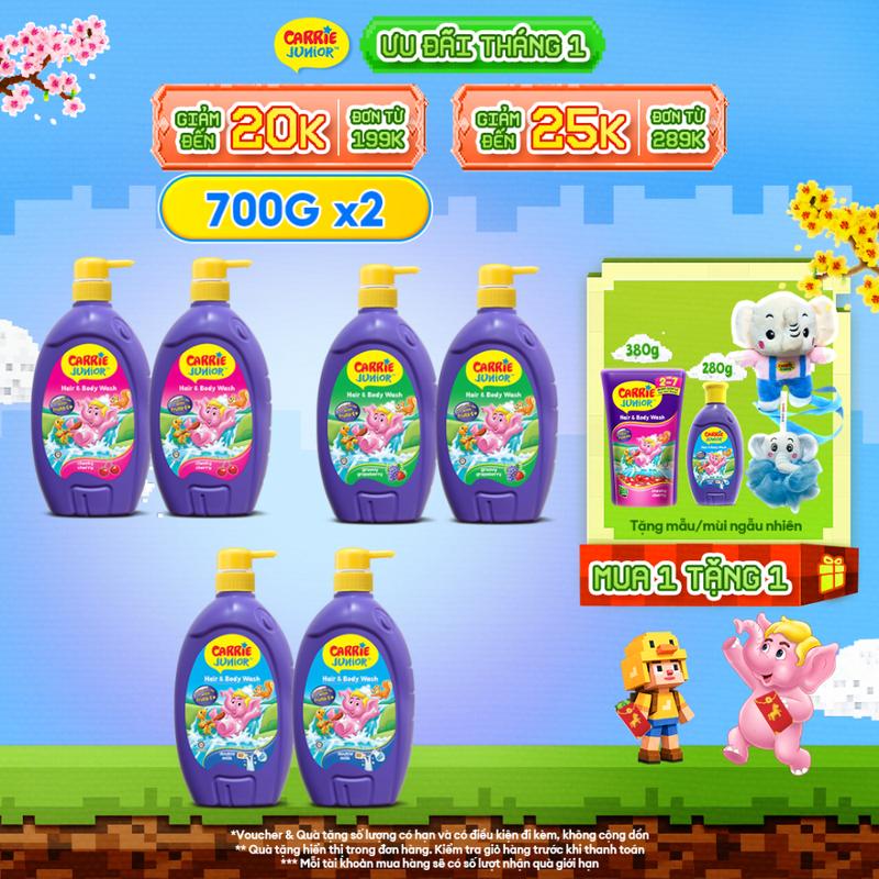   MUA 2 ĐƯỢC 3  Combo 2 Sữa Tắm Gội cho bé Carrie Junior 3 Mùi Hương  700g chai  