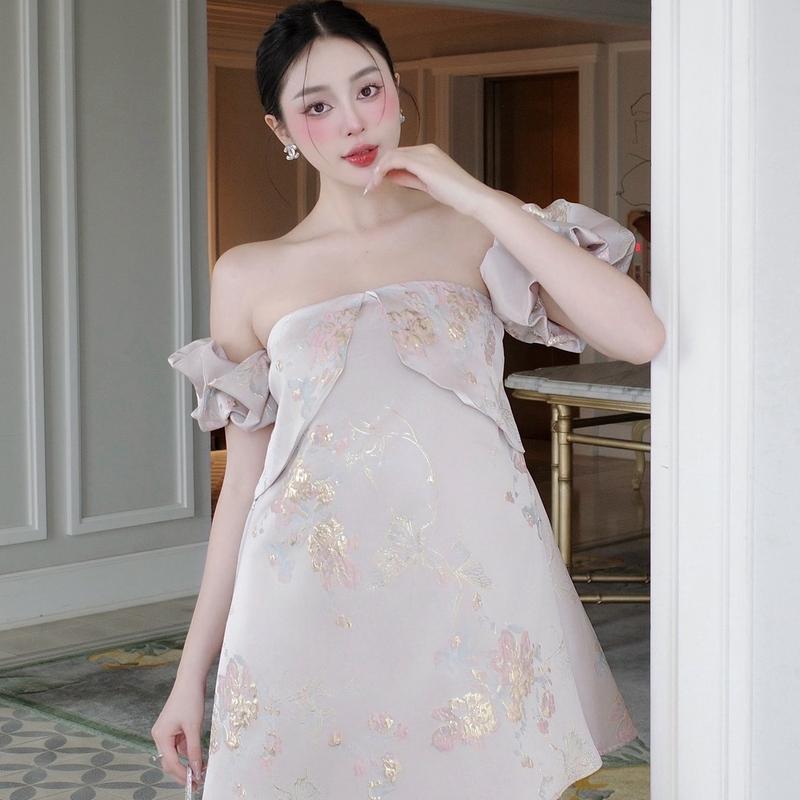 BYBYPIL [FREESZ] ADELA- Đầm trễ vai babydoll gấm mặc tết hẹn hò đi chơi đi tiệc BYBYPIL Nữ