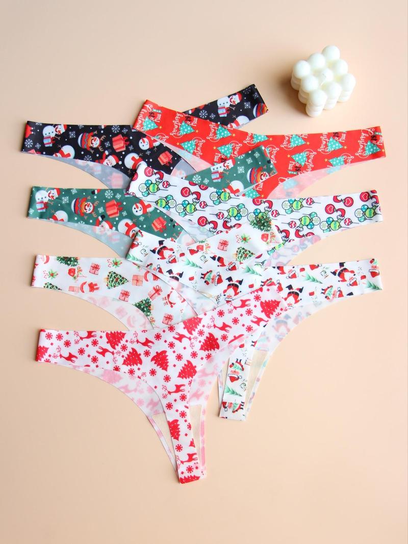 Product Introduction of Women's Christmas All Over Cartoon Print Thong, Soft Comfy Breathable Seamless Panty for Daily Wear, Women's Underwear for All Seasons 13