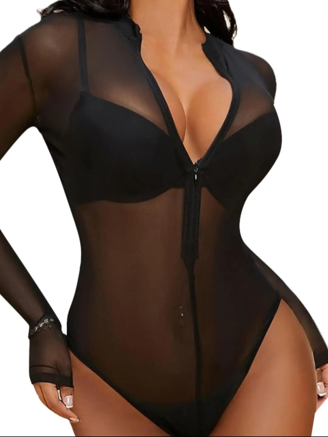 Women's Solid Zipper Button Closure Crotch Sheer Bodysuit, Sexy Style Long Sleeve Round Neck Bodysuit for Spring & Fall, Women's Clothes for Daily Wear