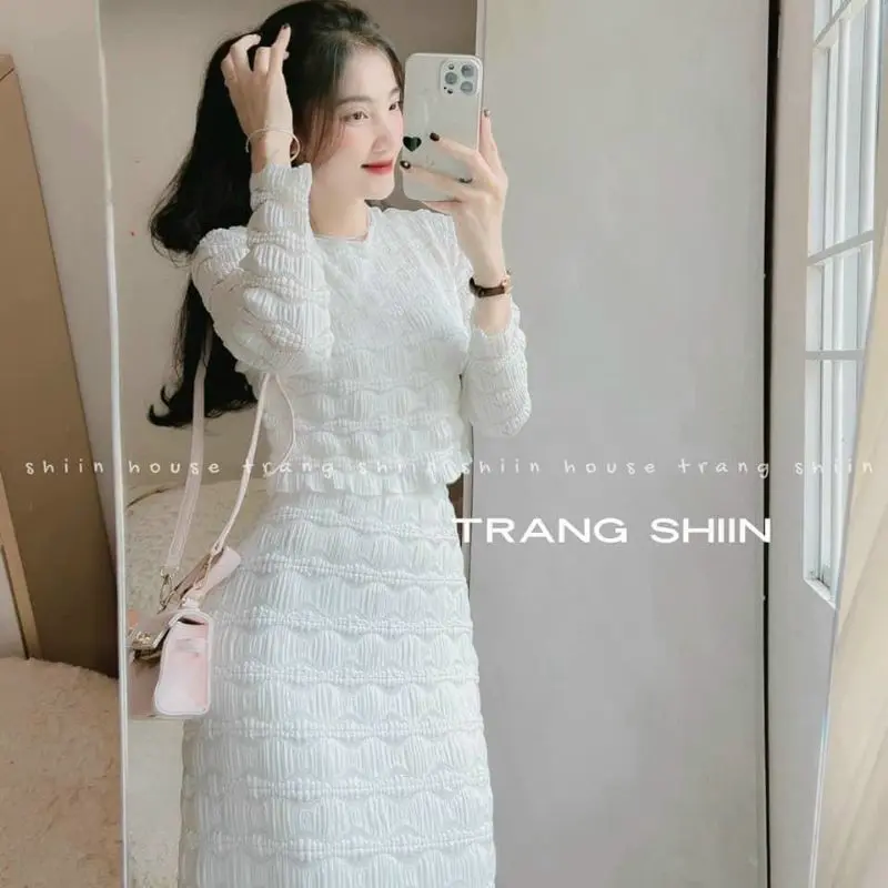 *Sét váy thời trang mặc đi dự tiệc chất liệu len ren áo cổ tròn  tay dài váy ôm duyên dáng Nữ Women Dress Voan Voi Nữ Women Màu Trắng