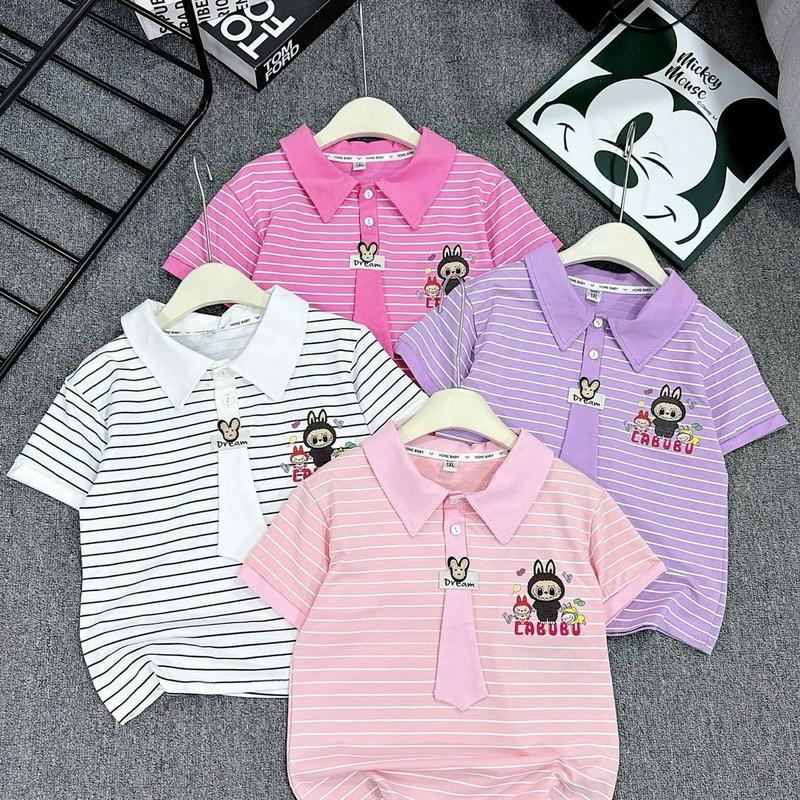 (18-39kg) Áo phông có cổ cho bé gái Kẻ Cà Vạt 4 màu cotton