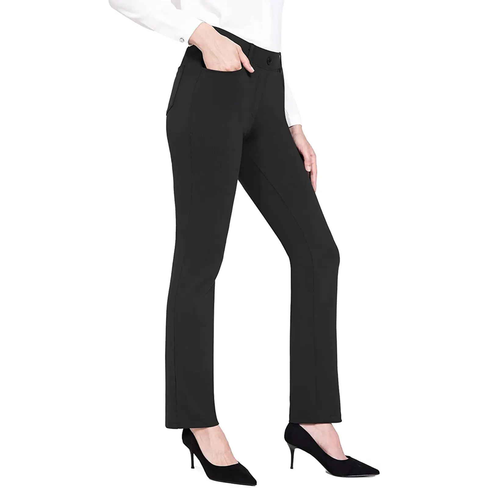 Women's Pants, Solid Color High Waist Elastic Flared Trousers with Pockets for Party Dating