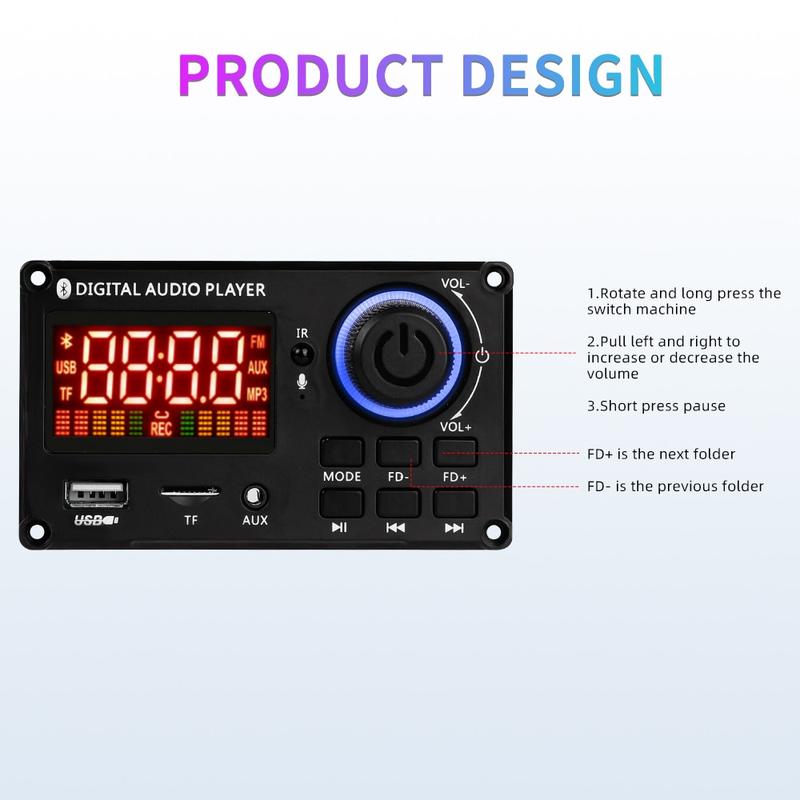 Product Introduction of Car Bluetooth 5.0 12V 2*80W MP3 player USB FM microphone handsfree control decoding board 24
