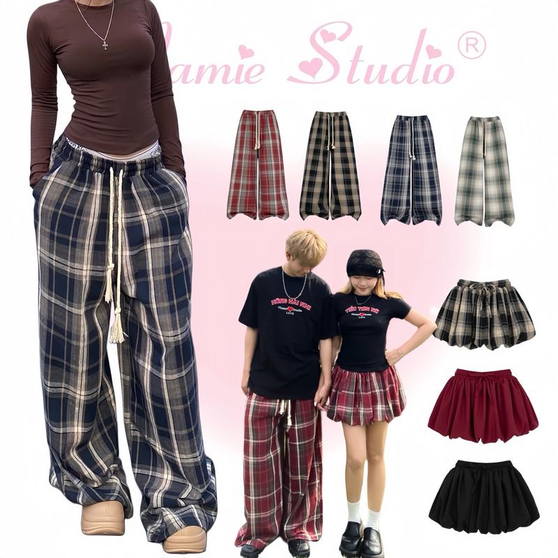 [BST TẾT] Quần Caro và chân váy bí Mamie chất nỉ dạ, Plaid Pant form  suông ống rộng thời trang nam nữ, đồ đôi couple xinh xắn.