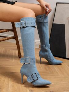 Women's Fashionable Grommet Eyelet Buckle Design Stiletto Boots, Elegant Pointed Toe High Heel Boots for Party, Daily Wear for Women & Girls