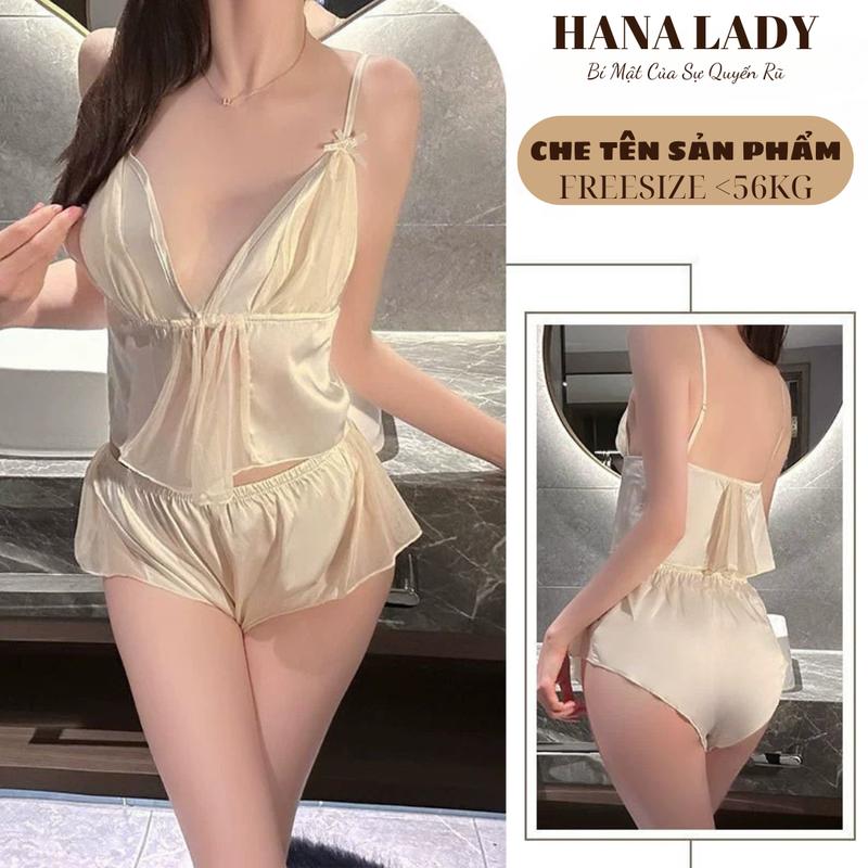 Đồ Ngủ Nữ - Bộ Ngủ Lụa 2 Dây Phối Voan Lưới Xẻ Tà Cài Trước VN585